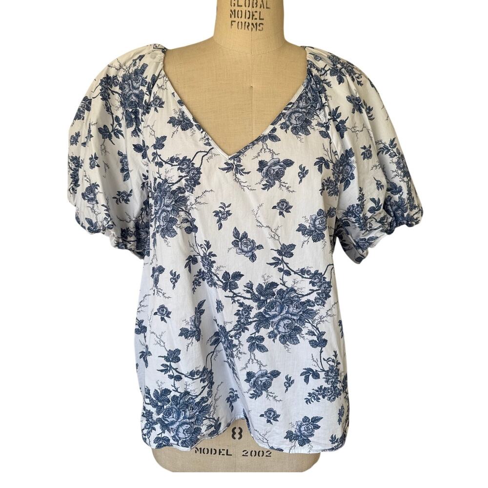 Banana Republic Toile Cotton Top Blouse Poplin Size XL XLarge Blue Romantic